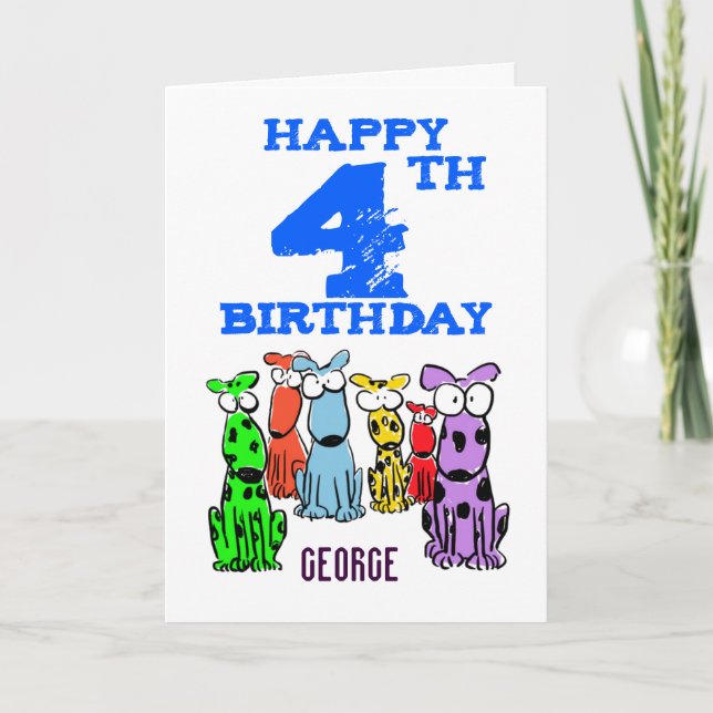 Tarjeta Feliz 4° cumpleaños caricatura de perros (nombre)  (Anverso)