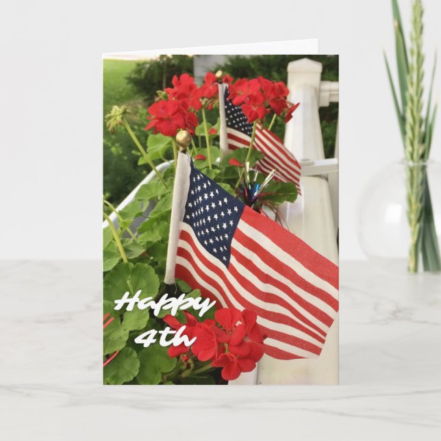 Tarjeta Feliz 4 de julio Banderas y Geranios Americanos (Anverso)