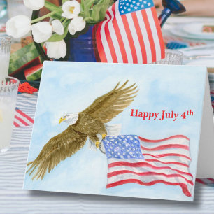 Tarjeta Feliz 4 de julio con águila calva volando con Amér