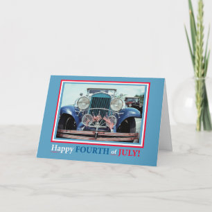 Tarjeta Feliz 4 de julio con el coche clásico y el america