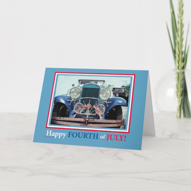 Tarjeta Feliz 4 de julio con el coche clásico y el america (Anverso)