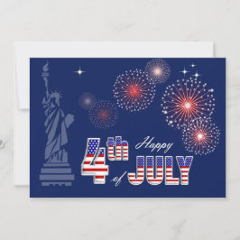 Tarjeta Feliz 4 de julio. Estatua de la libertad y fuegos 