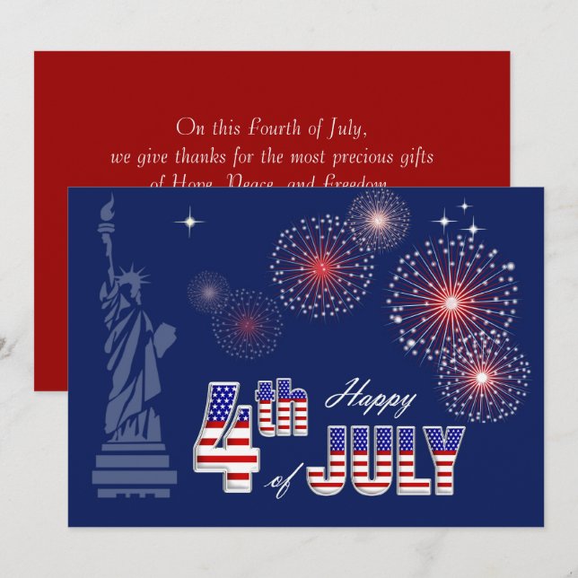 Tarjeta Feliz 4 de julio. Estatua de la libertad y fuegos  (Anverso / Reverso)