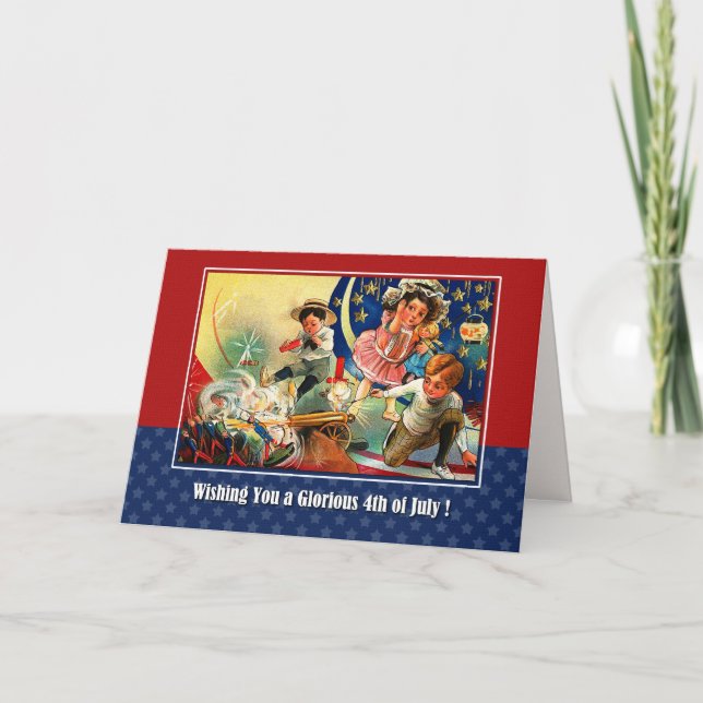 Tarjeta Feliz 4 de julio. Niños de época (Anverso)