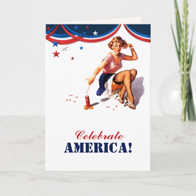 Tarjeta Feliz 4 de julio. Pin-up retro (Anverso)