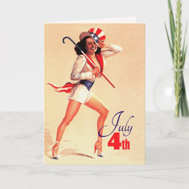 Tarjeta Feliz 4 de julio. Pin-up retro (Anverso)