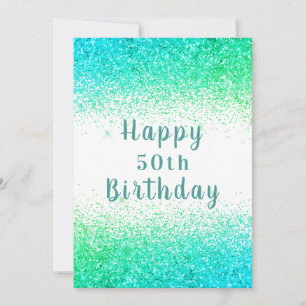 Tarjeta Feliz 50.ª tipografía verde y azul Purpurina