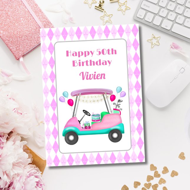 Tarjeta Feliz 50.º cumpleaños de la Fiesta de golf femenin (Hit a hole in one with this personalized birthday card for someone who is a golf fan!)