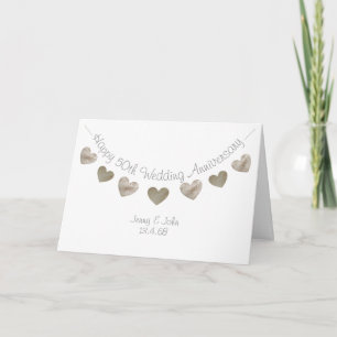 Tarjeta Feliz 50 aniversario Boda con corazones dorados