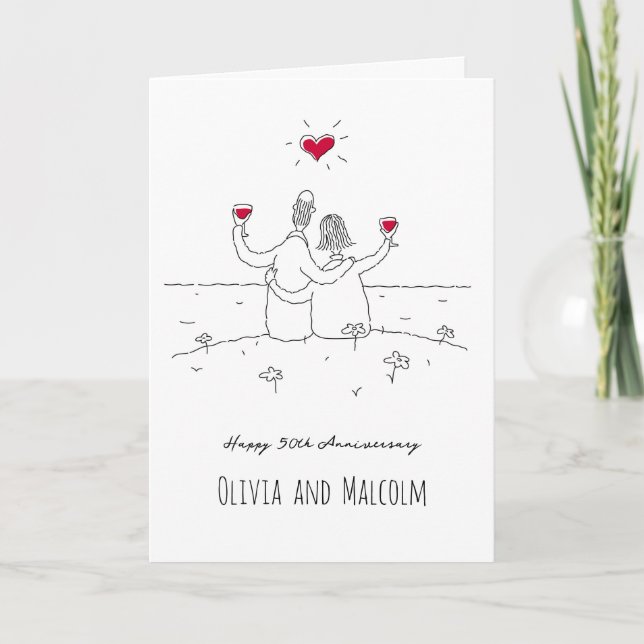 Tarjeta Feliz 50° Aniversario Boda Pareja de Corazón Rojo (Anverso)