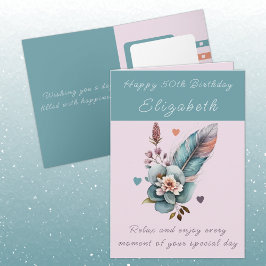 Tarjeta Feliz 50 cumpleaños agregar nombre verde floral