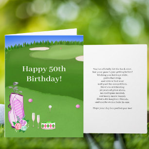 Tarjeta Feliz 50 cumpleaños Bolsa de Golf Rosa en campo de