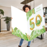 Tarjeta Feliz 50° cumpleaños Leaf Tropical número 50<br><div class="desc">Tarjeta de cumpleaños gigantesca por 50 cumpleaños. El diseño cuenta con un gran número 50 de oro texturado, entrelazado con hojas tropicales. En el exterior, también hay un borde de hojas de palma, hojas de plátano, hojas de monstera y flores tropicales coloridas con la frase "feliz cumpleaños". El interior de...</div>