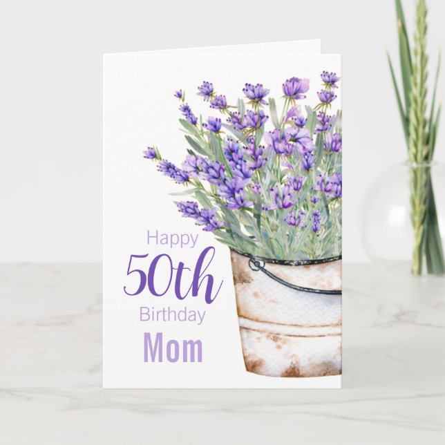 Tarjeta Feliz 50 cumpleaños mamá Acuarela Lavanda Flora (Anverso)