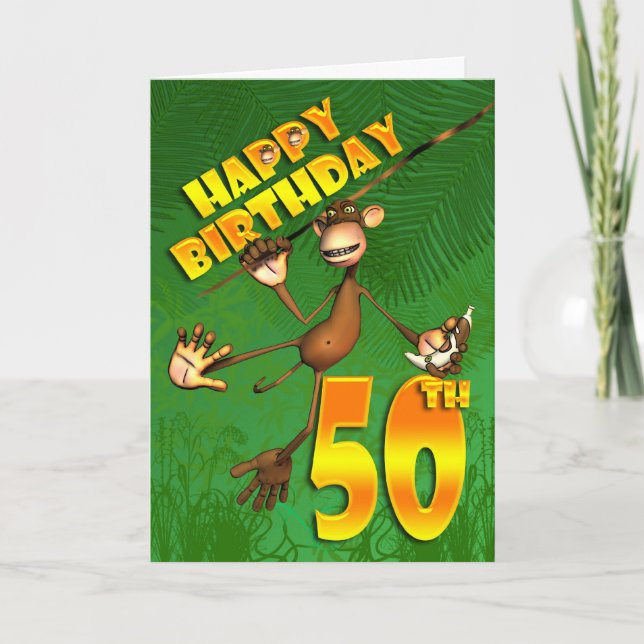 Tarjeta Feliz 50° cumpleaños mona balanceándose a través d (Anverso)