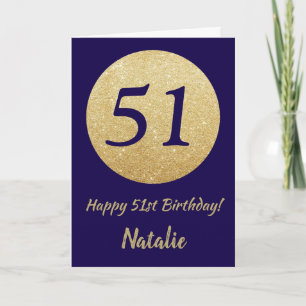 Tarjeta Feliz 51 cumpleaños Purpurina azul y oro de la Mar