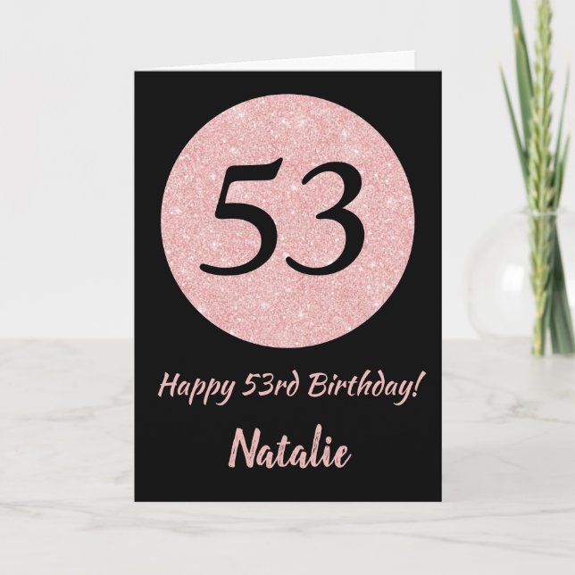 Tarjeta Feliz 53 aniversario de oro negro y rosado Rosa (Anverso)