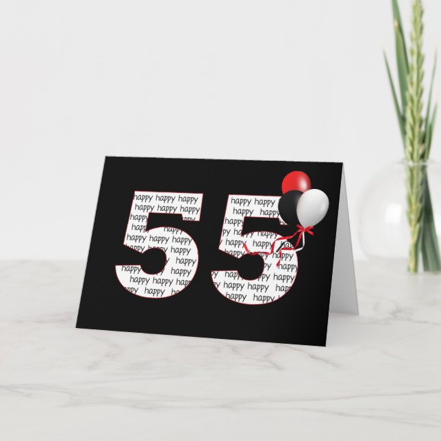 Tarjeta Feliz 55º cumpleaños en negro con globos (Anverso)