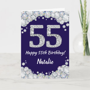 Tarjeta Feliz 55º cumpleaños Purpurina azul y plateado de