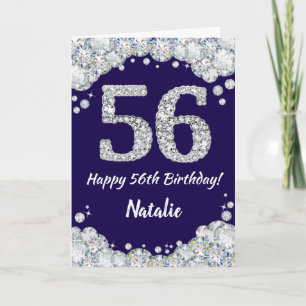 Tarjeta Feliz 56º cumpleaños Purpurina azul y plateado de 