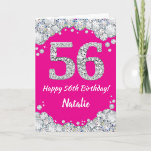 Tarjeta Feliz 56º cumpleaños Purpurina de Plata y Rosa Cal