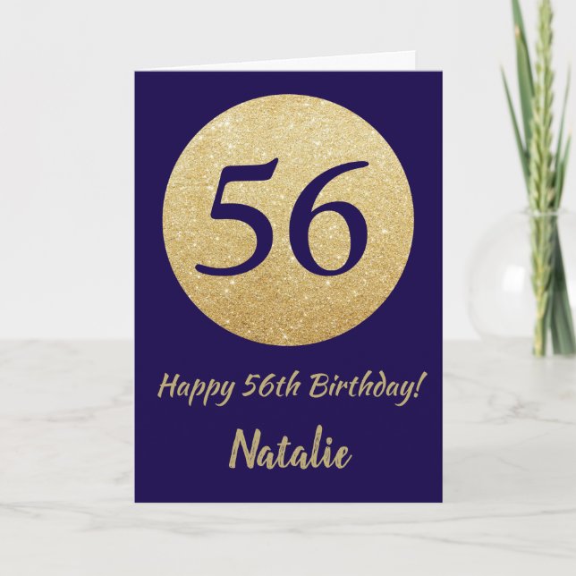 Tarjeta Feliz 56 cumpleaños Purpurina azul y oro de la Mar (Anverso)