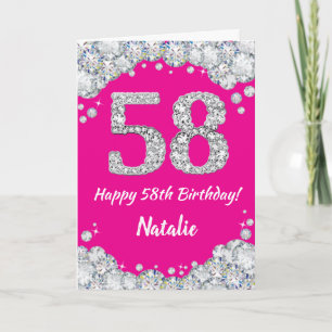 Tarjeta Feliz 58º cumpleaños Purpurina de Plata y Rosa Cal