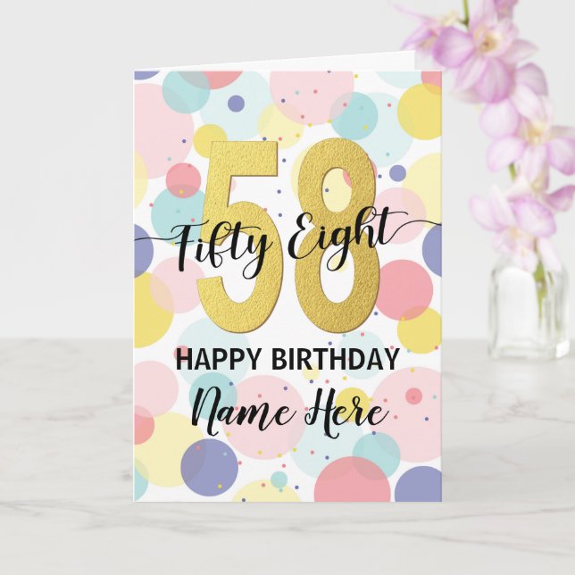 Tarjeta Feliz 58 cumpleaños Pastel, mujer de oro arco iris (Orquídea)