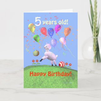Tarjeta Feliz 5° cumpleaños de cordero y globos