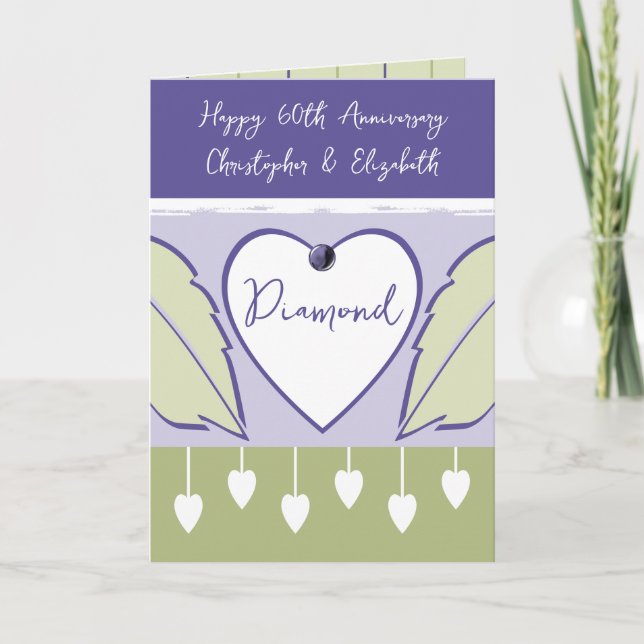 Tarjeta Feliz 60° Aniversario añada nombres morado verde (Anverso)