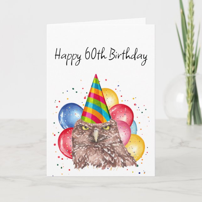 Tarjeta Feliz 60 aniversario del humor de búho divertido (Anverso)