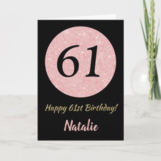 Tarjeta Feliz 61º cumpleaños oro negro y rosado Rosa (Anverso)