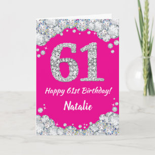 Tarjeta Feliz 61º cumpleaños Purpurina de Plata y Rosa Cal
