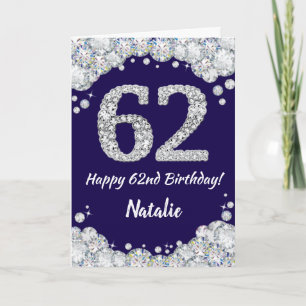 Tarjeta Feliz 62º cumpleaños Purpurina azul y plateado de 