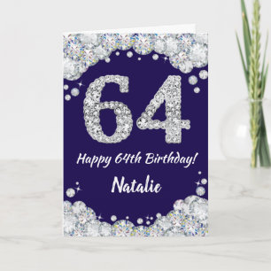 Tarjeta Feliz 64º cumpleaños Purpurina azul y plateado de
