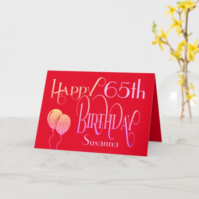 Tarjeta Feliz 65º cumpleaños nombre de guión elegante rojo (flor amarilla)