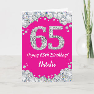 Tarjeta Feliz 65º cumpleaños Purpurina de Plata y Rosa Cal