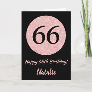 Tarjeta Feliz 66º cumpleaños oro negro y rosado Rosa