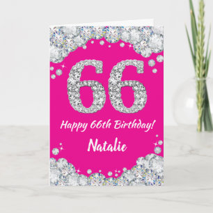 Tarjeta Feliz 66º cumpleaños Purpurina de Plata y Rosa Cal