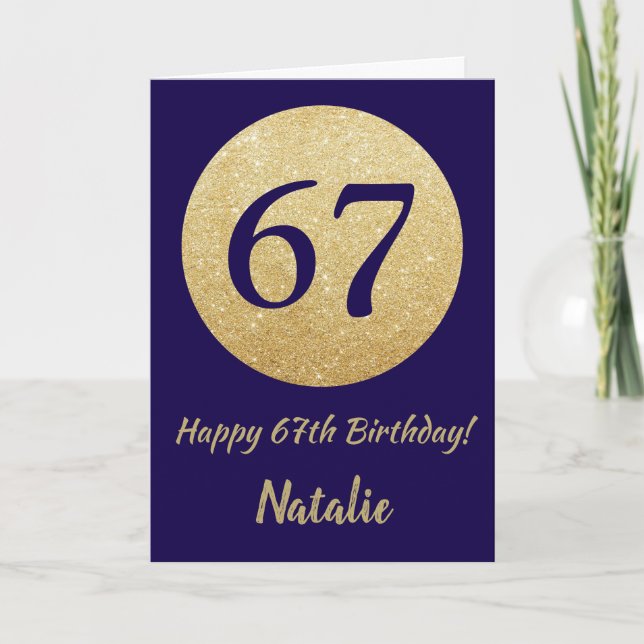 Tarjeta Feliz 67 cumpleaños Purpurina azul y oro de la Mar (Anverso)