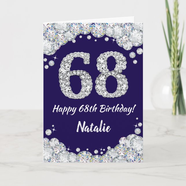 Tarjeta Feliz 68 cumpleaños Purpurina azul y plateado de l (Anverso)