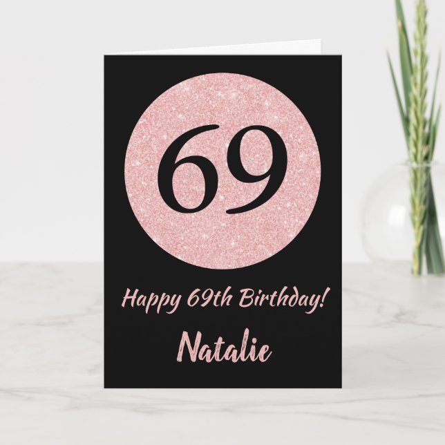 Tarjeta Feliz 69 cumpleaños oro negro y rosado Rosa (Anverso)