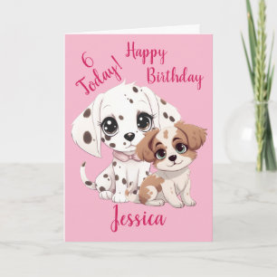 Tarjeta Feliz 6° cumpleaños, lindo cachorro de perro rosad