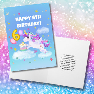 Tarjeta Feliz 6 cumpleaños Unicornio con pastel de cumplea