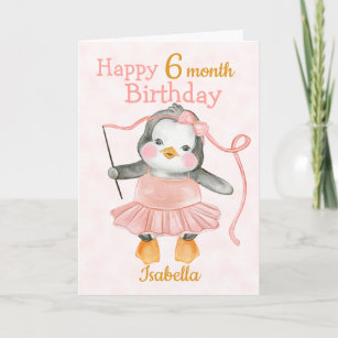 Tarjeta Feliz 6 meses cumpleaños Penguin Ballerina Rosa
