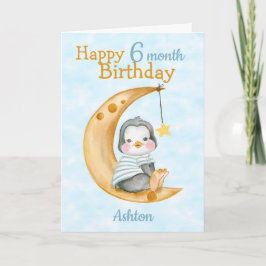 Tarjeta Feliz 6 meses de cumpleaños pingüino y azul lunar