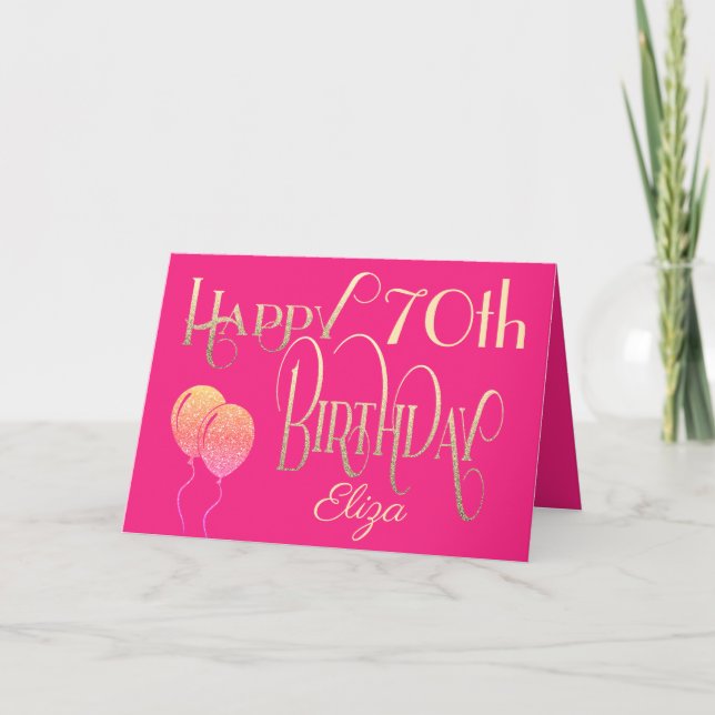 Tarjeta Feliz 70.º Nacimiento Guión Decorativo Oro (Anverso)