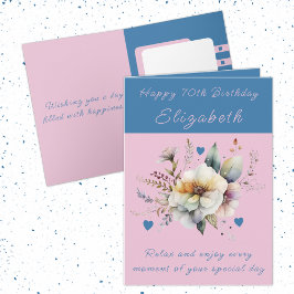 Tarjeta Feliz 70 cumpleaños agregar nombre floral azul