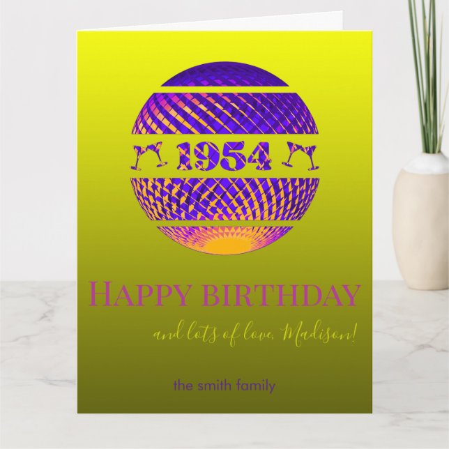 Tarjeta Feliz 70 cumpleaños, colorida bola disco de 1954 (Anverso)