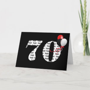 Tarjeta Feliz 70 cumpleaños en negro con globos